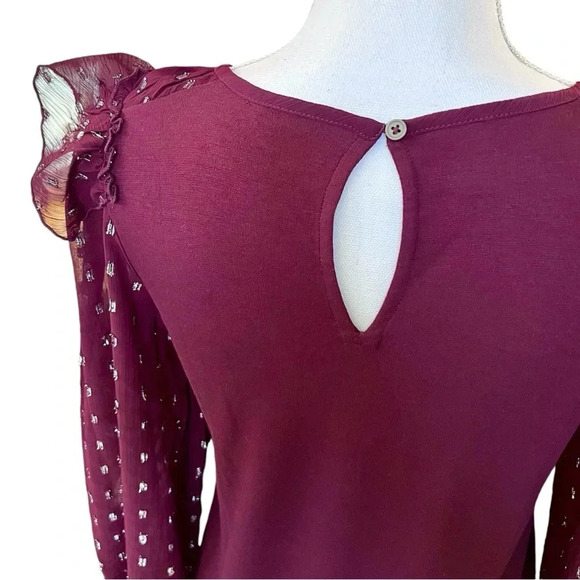 LOFT Plum Ruffle Top Sheer Long Sleeves Silver Metallic Detail Size XS - Picture 5 of 7